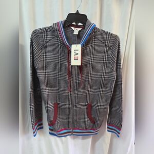 EV1 Black and White Houndstooth Cardigan with Red and Blue Trim